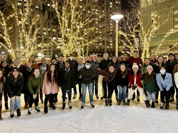 group of students ice skating